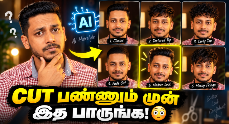 Gemini AI hairstyle try-on showing multiple haircuts on the same face